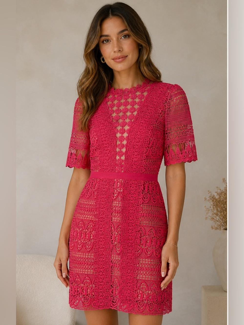 Just Me Fuchsia Pink Crochet Lace Mini Dress
